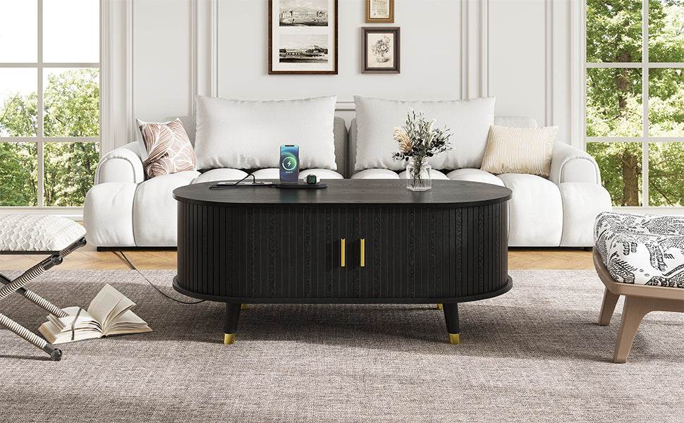 Mid-Century Modern Black Fluted Coffee Table With Charging Station - Sleep Galleria