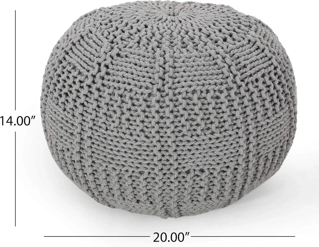 Knitted Cotton Round 20-Inch Grey Pouf - Omega Lifestyles