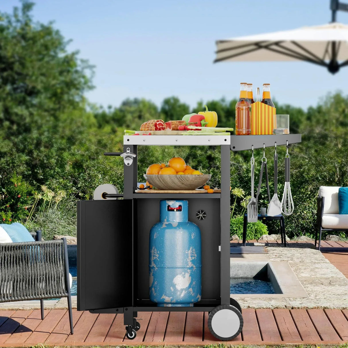 Outdoor Grill Cart Metal Storage Kitchen Island With Hooks - Omega Lifestyles
