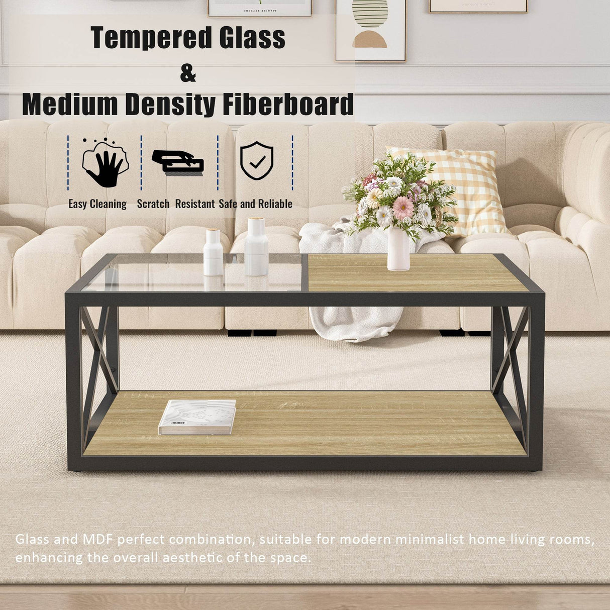 Industrial Glass And Natural Wood Modern Coffee Table - Sleep Galleria