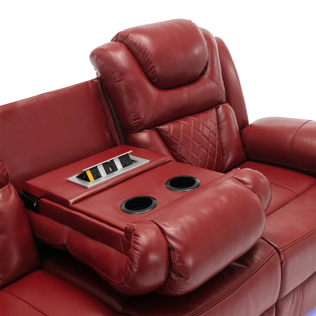 Wine Red Faux Leather Manual Recliner Sofa Set With LED Strip - Omega Lifestyles