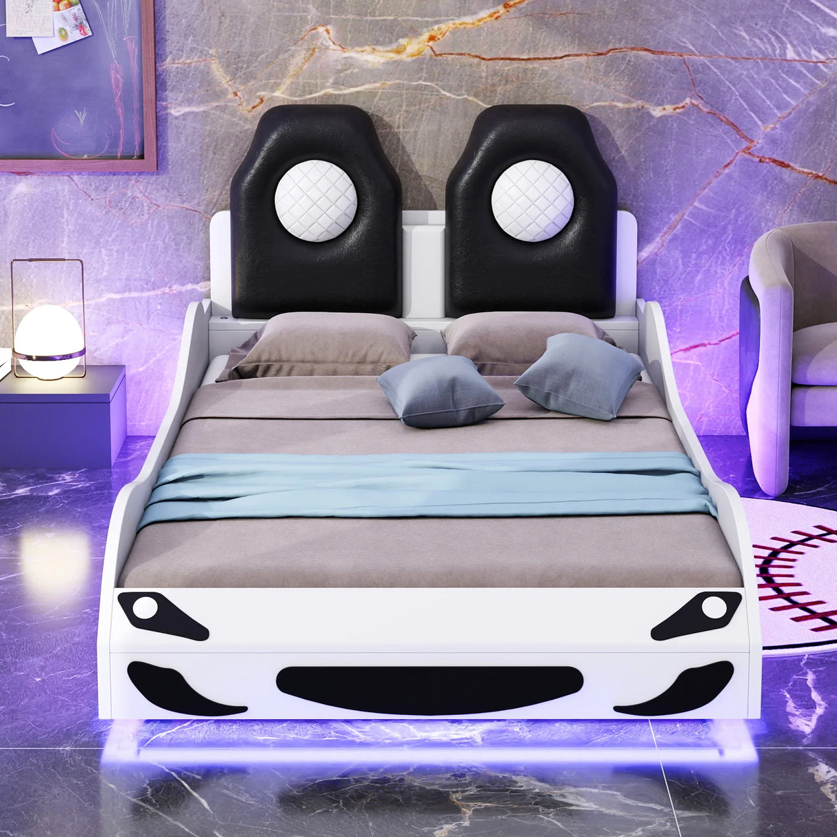 Twin Race Car-Shaped Wood Platform Bed With LED - Omega Lifestyles