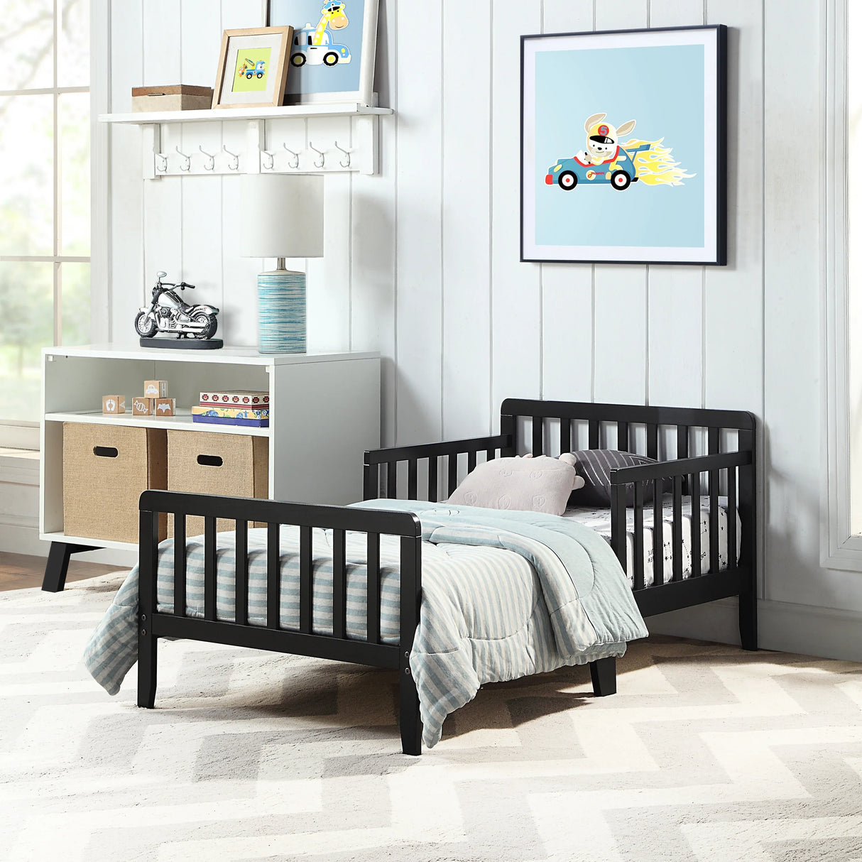 Solid Wood Black Toddler Bed With Safety Rails - Omega Lifestyles