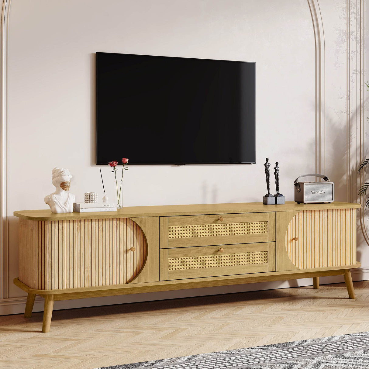 Rattan Solid Wood TV Stand With Storage Drawers - Sleep Galleria