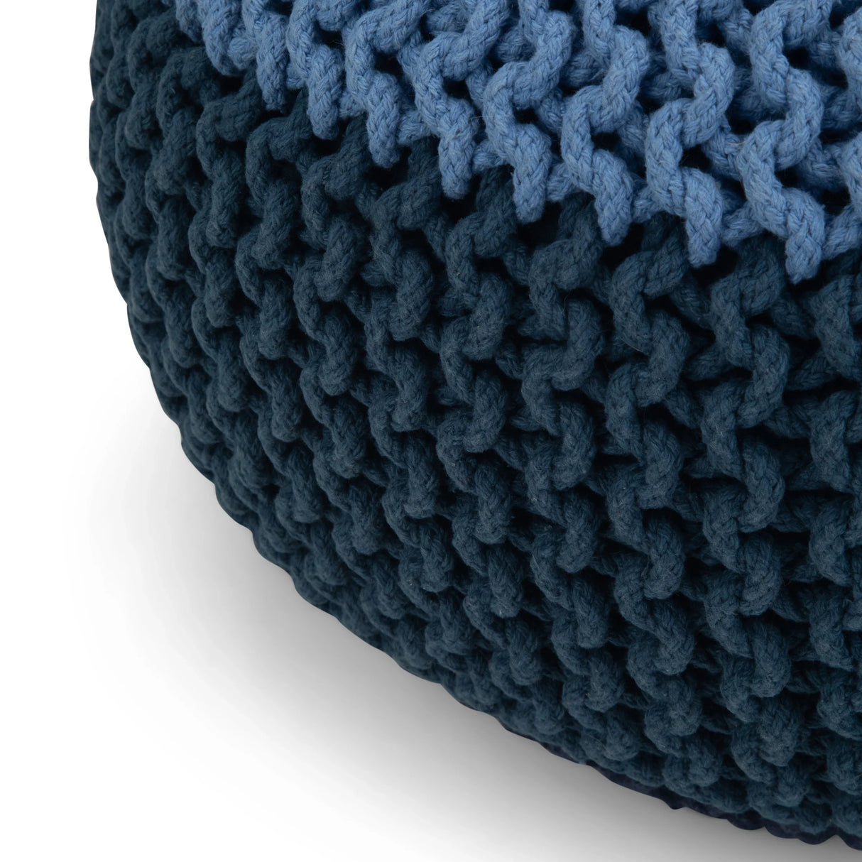 Hand Knit Round Blue Fabric Pouf Accent Stool - Omega Lifestyles