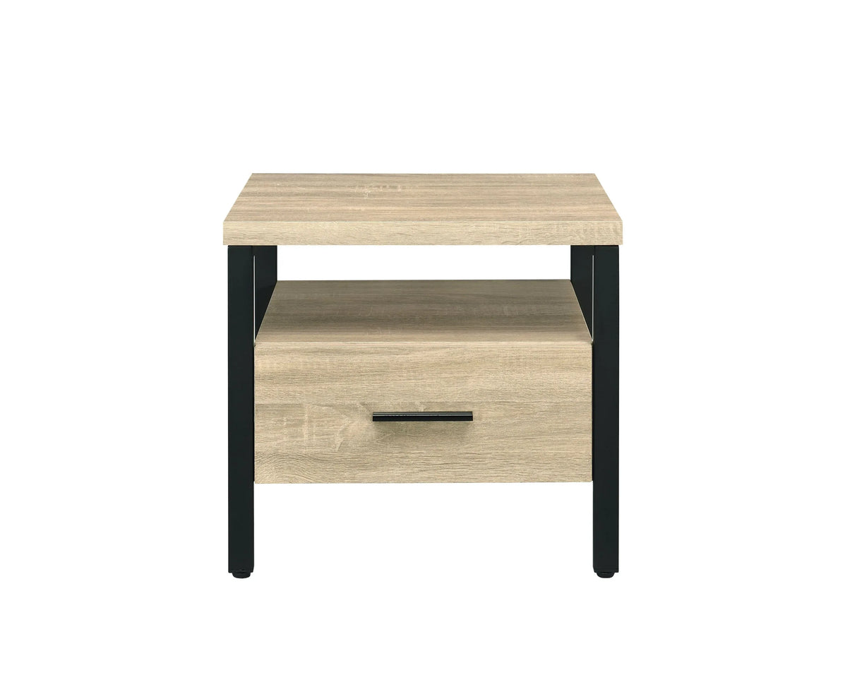 Oak Finish Metal Leg Accent Table With Storage Drawer - Omega Lifestyles