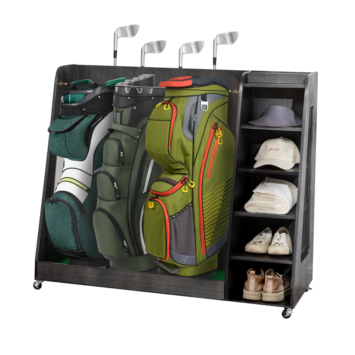 Gray Wooden Golf Bag Storage Rack With Drawers Organizer