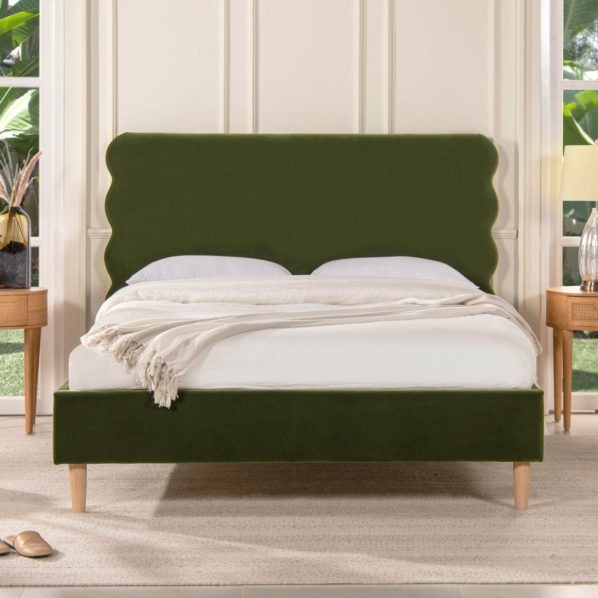 Modern Wavy Velvet Upholstered Queen Bed Frame