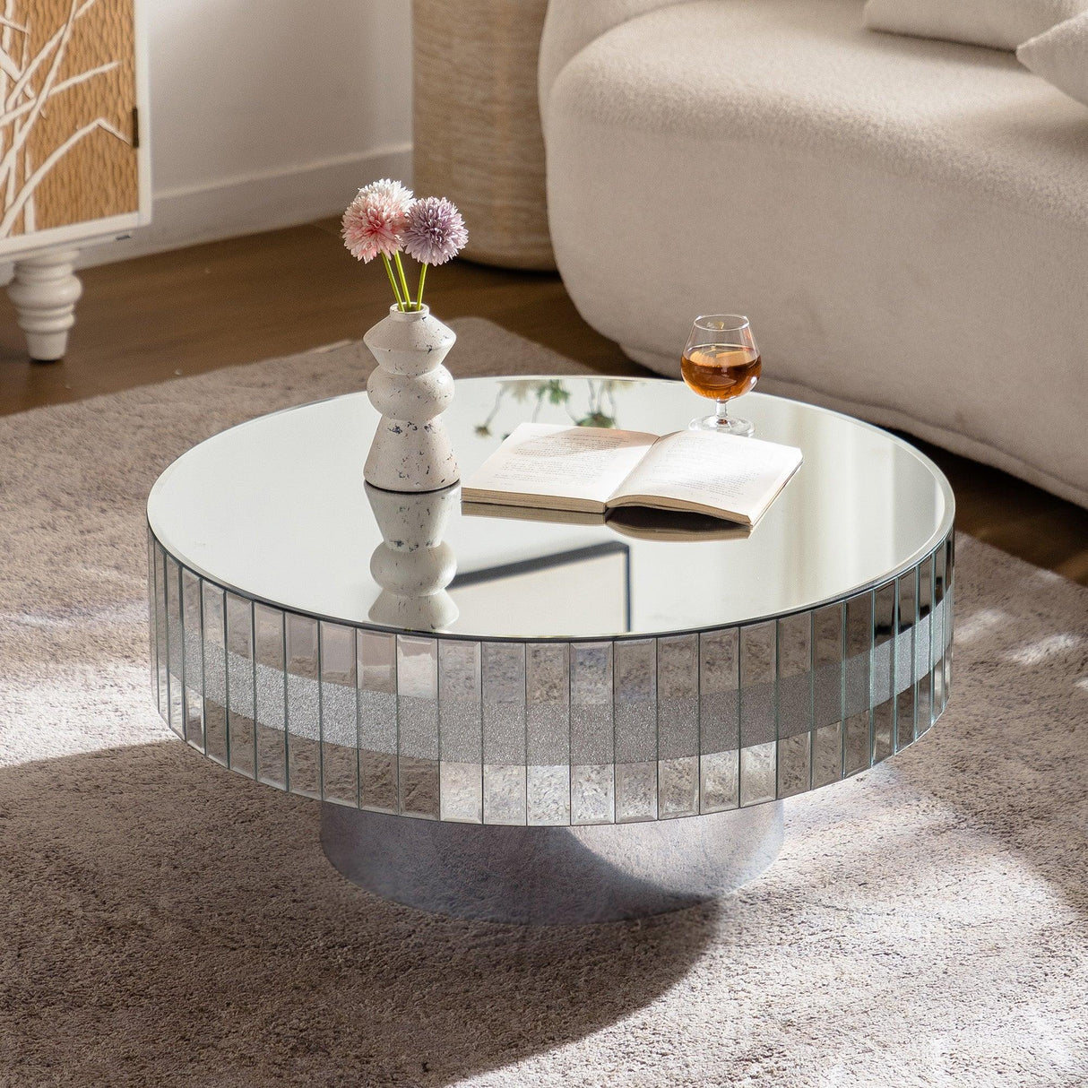 Round Mirrored Crystal Edge Silver Coffee Table - Omega Lifestyles