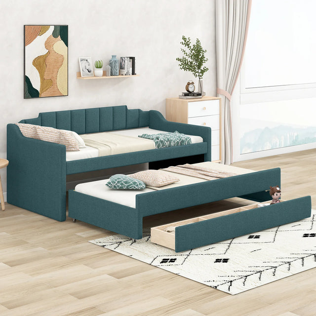 Twin Linen-Blend Upholstered Daybed With Trundle And Drawers - Omega Lifestyles