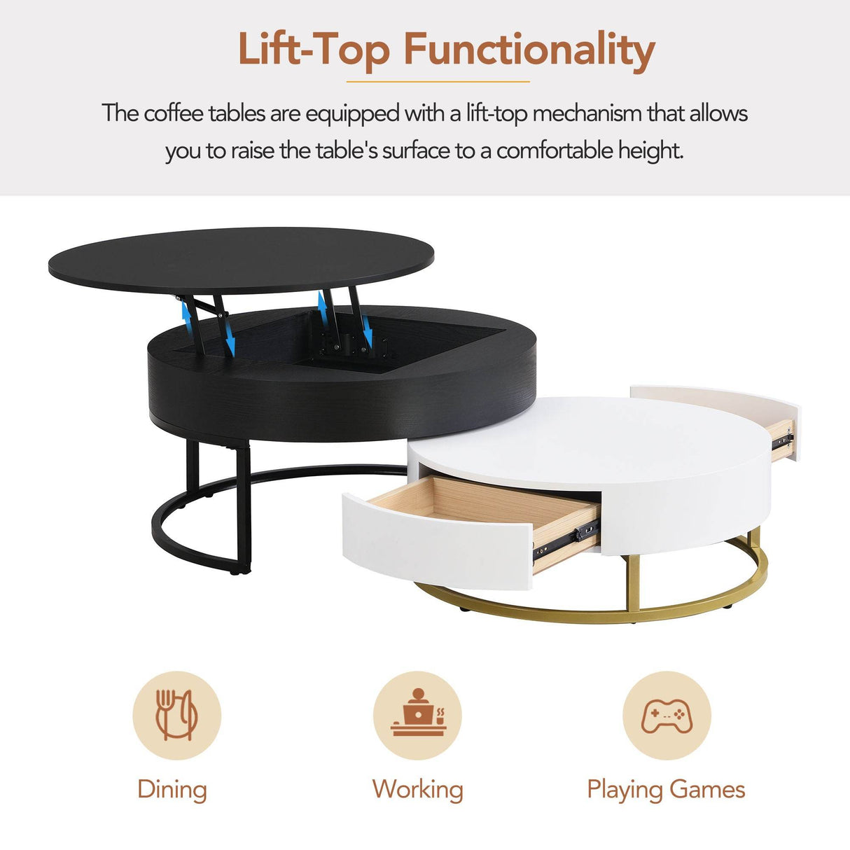 Modern Round Lift-Top Nesting Coffee Tables With Drawers - Sleep Galleria