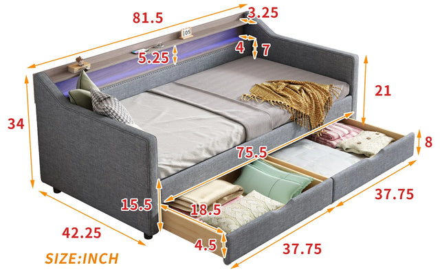 Twin Linen Upholstered Daybed Frame With Storage Drawers - Omega Lifestyles