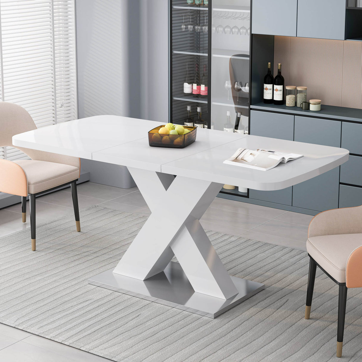 Modern Square Stretchable White MDF Steel Dining Table - Sleep Galleria