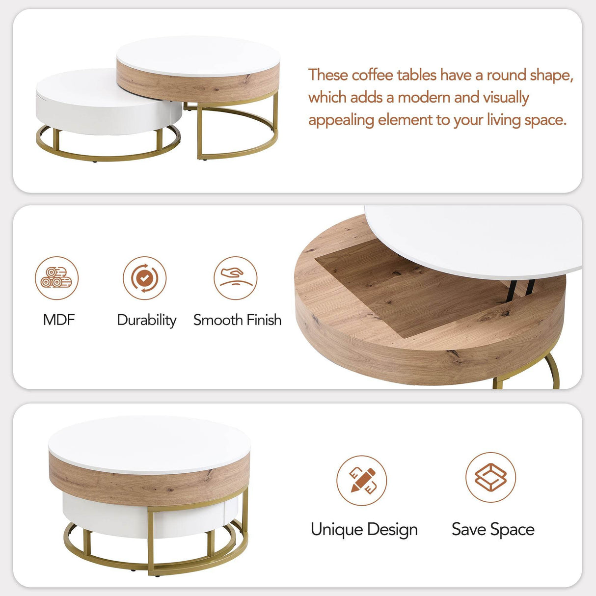 Modern Round Lift-Top Nesting Coffee Tables With Drawers - Sleep Galleria