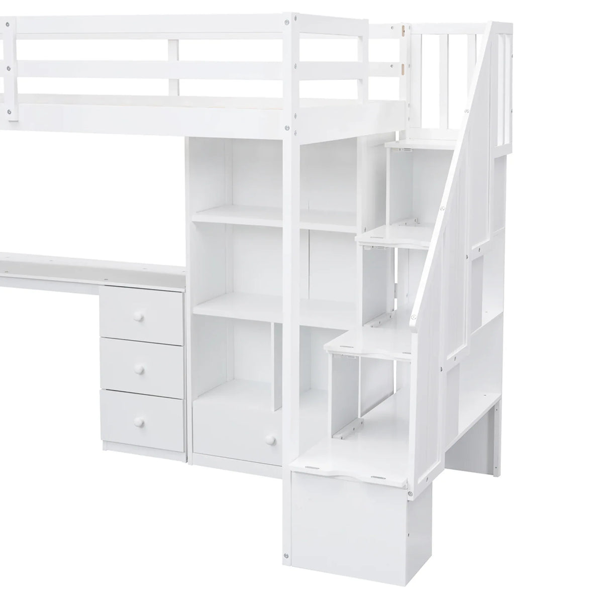 Twin Loft Bed With L-Shaped Desk Drawers Cabinet Staircase - Omega Lifestyles