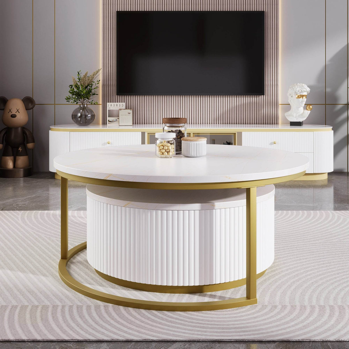 Modern Round Nesting MDF Coffee Table With Drawer - Sleep Galleria