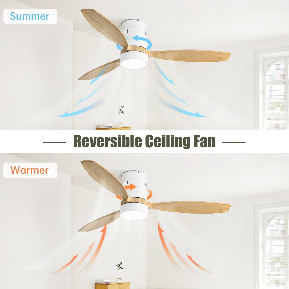 52-Inch Modern Wooden Flush Mount Ceiling Fan With Light - Omega Lifestyles