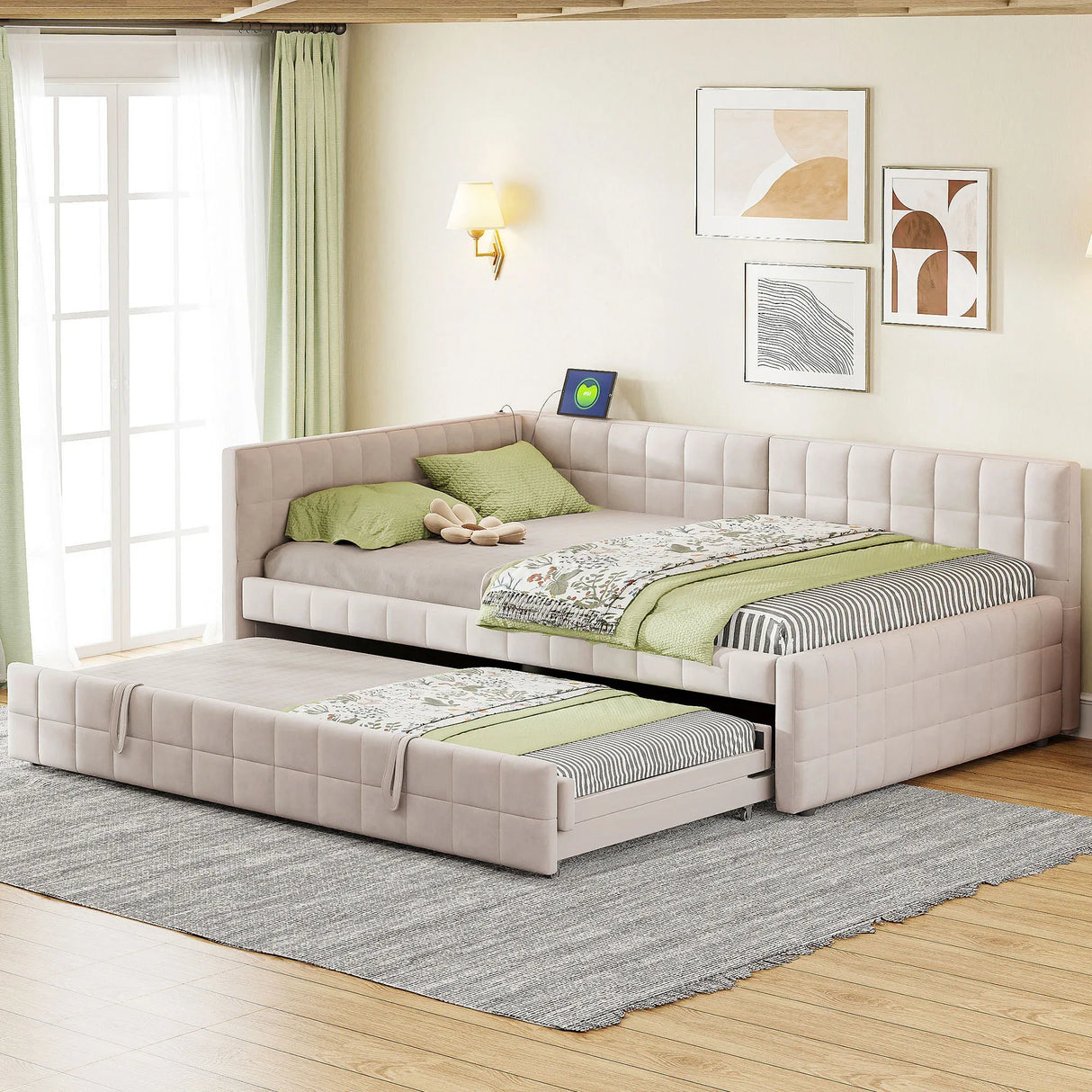 Full Upholstered L-Shaped Daybed With Twin Trundle and USB Ports - Omega Lifestyles