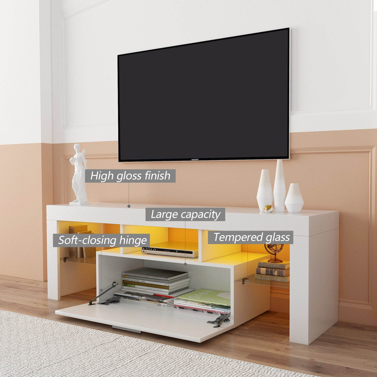 Modern White LED Backlit Particle Board TV Console - Sleep Galleria