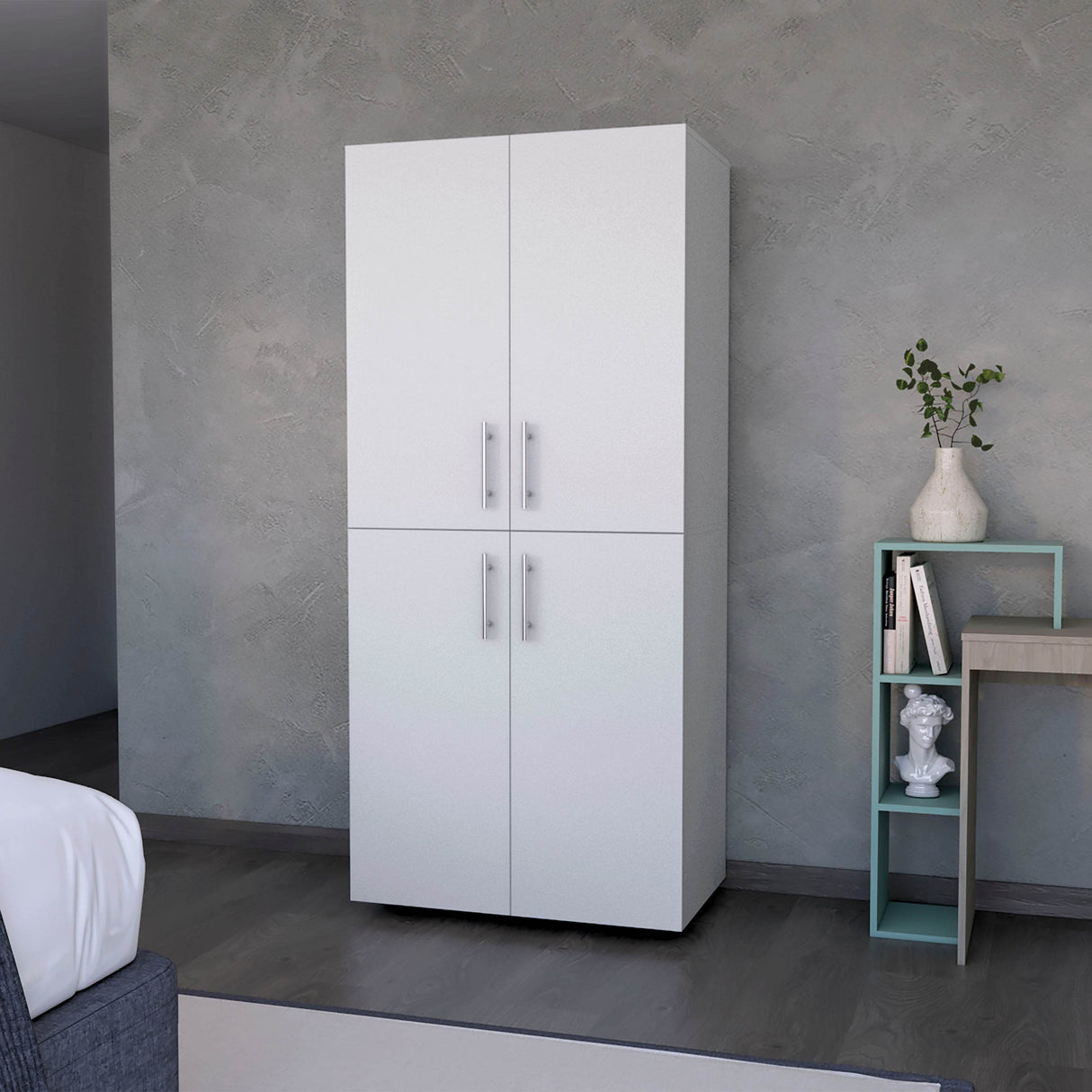 Contemporary White Melamine Hazel Armoire With Shelves