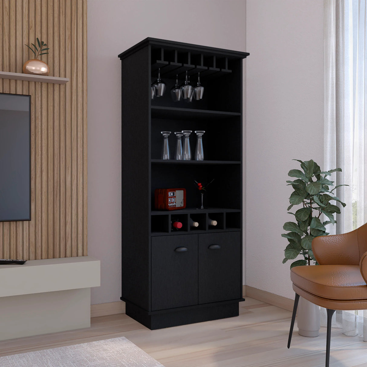Modern Black Particle Board Kitchen Storage Bar Cabinet 70-Inch - Omega Lifestyles