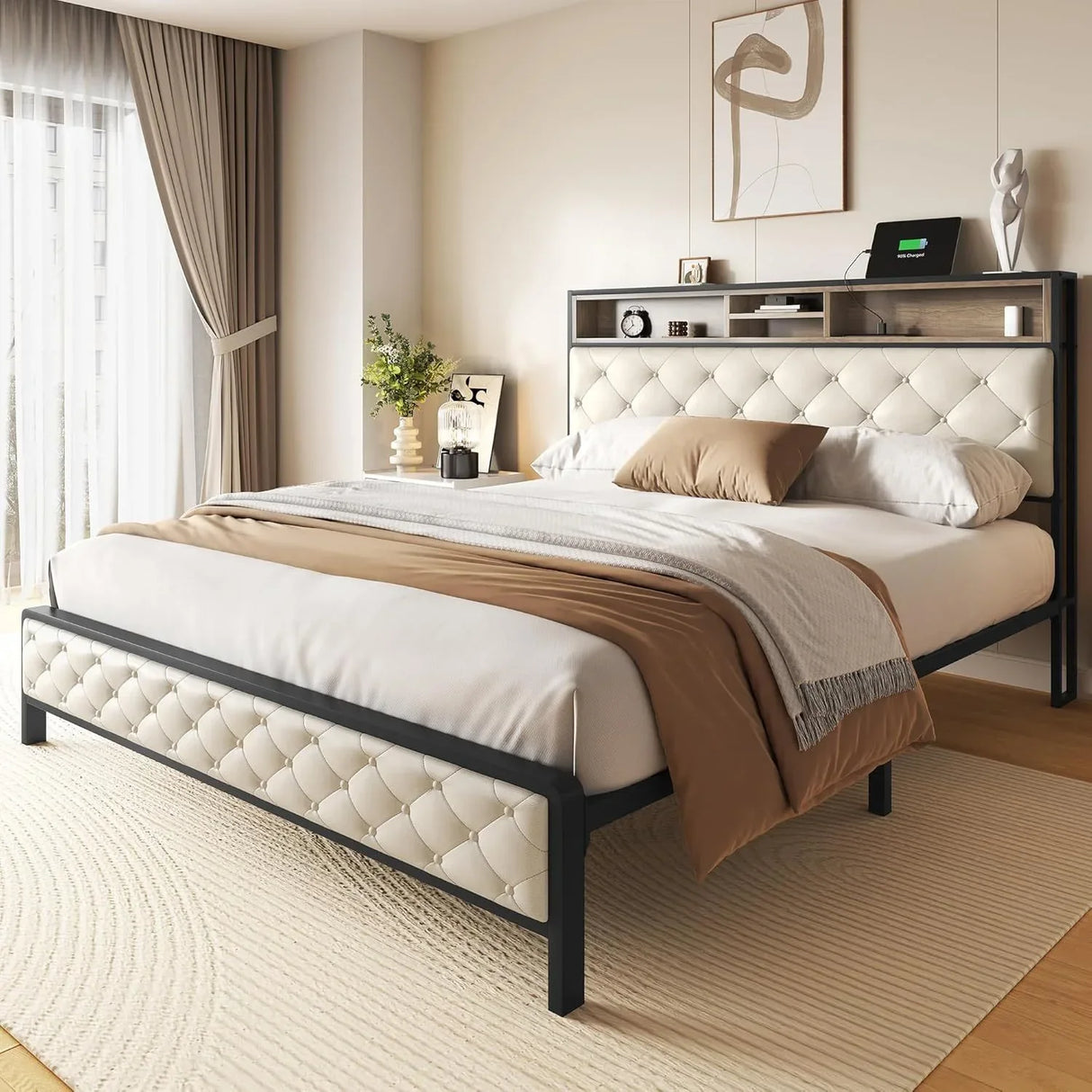 Queen Platform Bed Frame With Charging Station And Storage - Omega Lifestyles