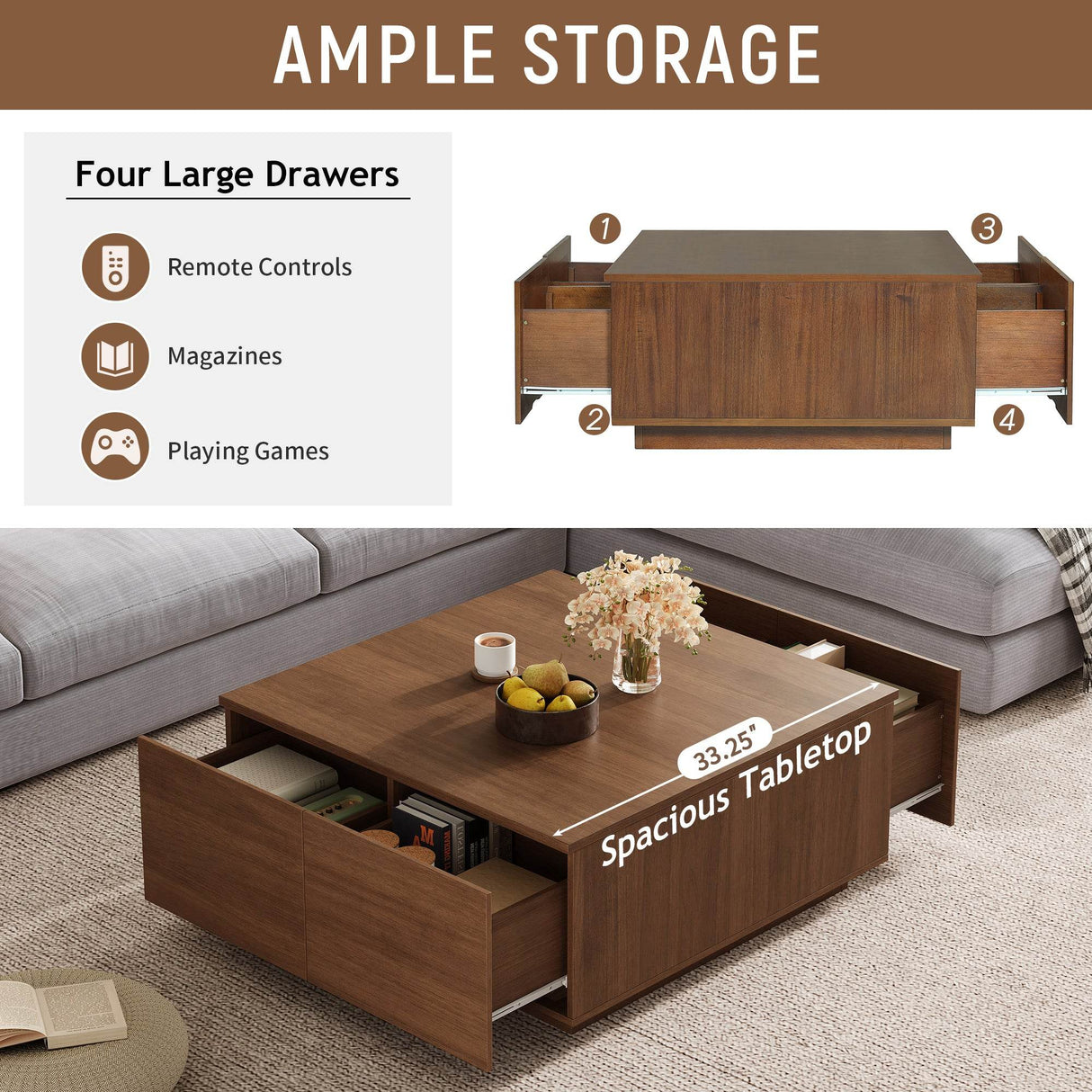 Modern Walnut Square Coffee Table With Four Drawers - Sleep Galleria