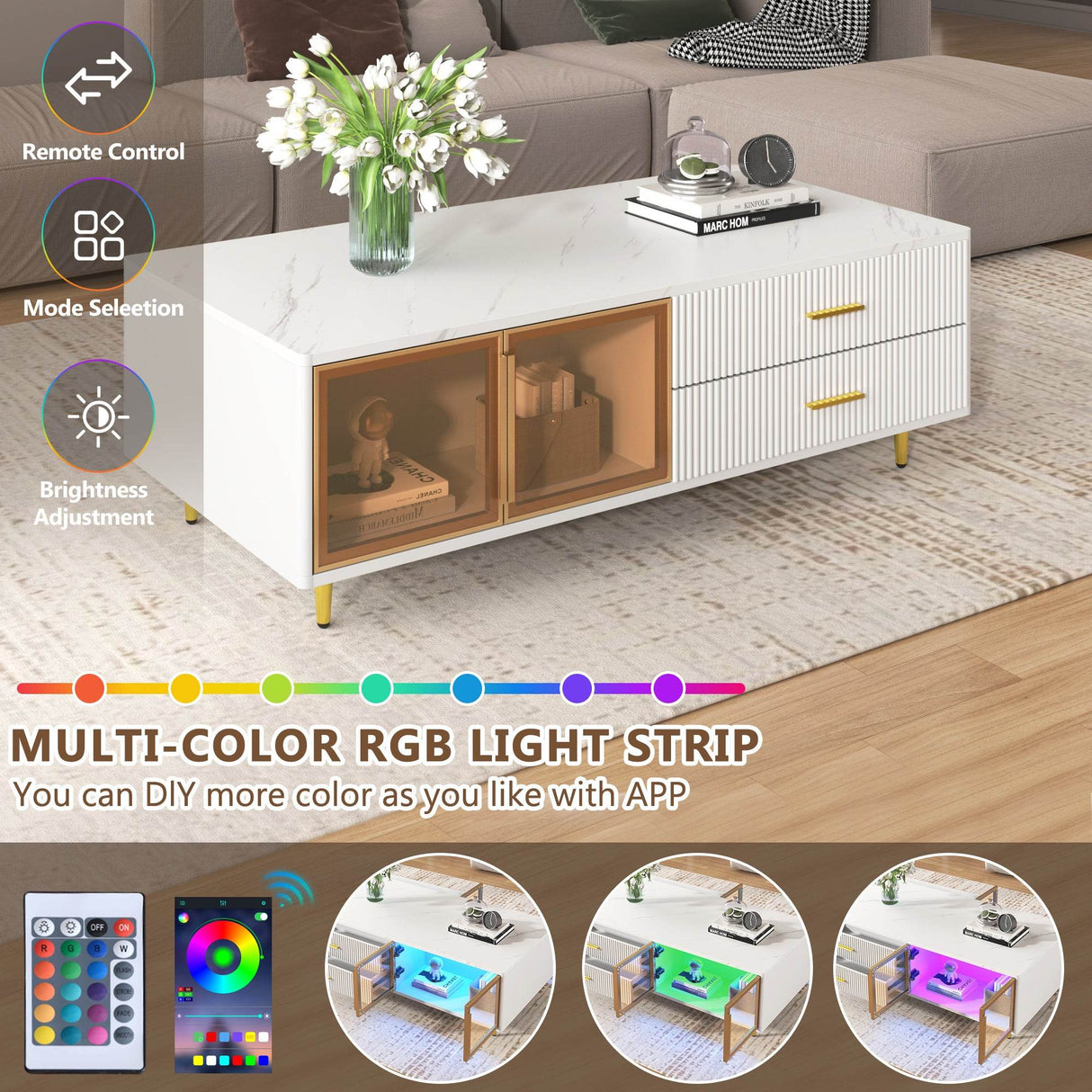 Modern White MDF Coffee Table With Storage Drawers And Lighting - Sleep Galleria