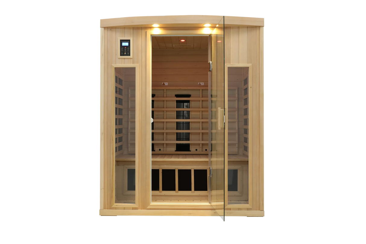 Low EMF Far Infrared Solid Wood Hemlock Sauna For 3 - Omega Lifestyles