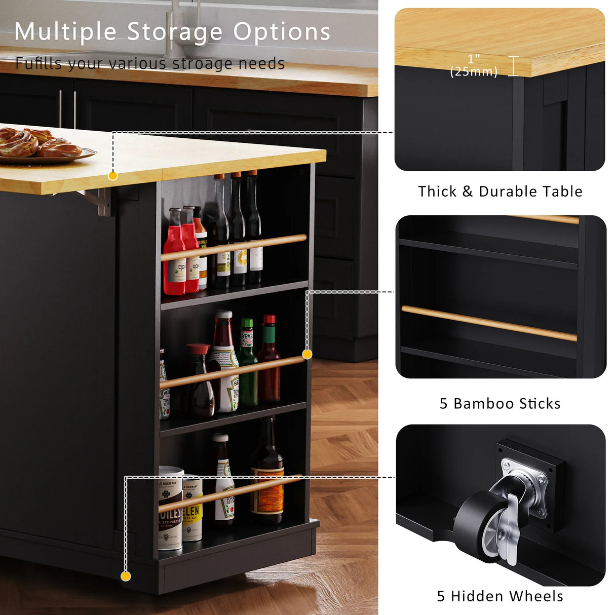 Large Kitchen Island Storage Cart With Bar Stools and Power Outlet - Omega Lifestyles
