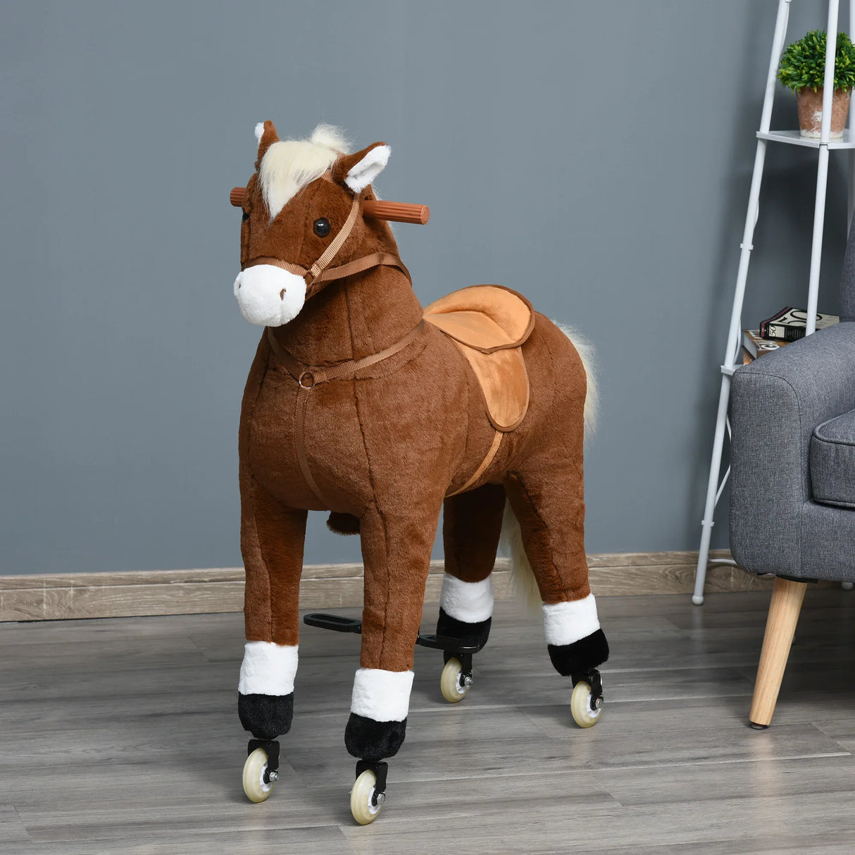 Plush Large Kids Ride-On Walking Horse With Wheels - Omega Lifestyles