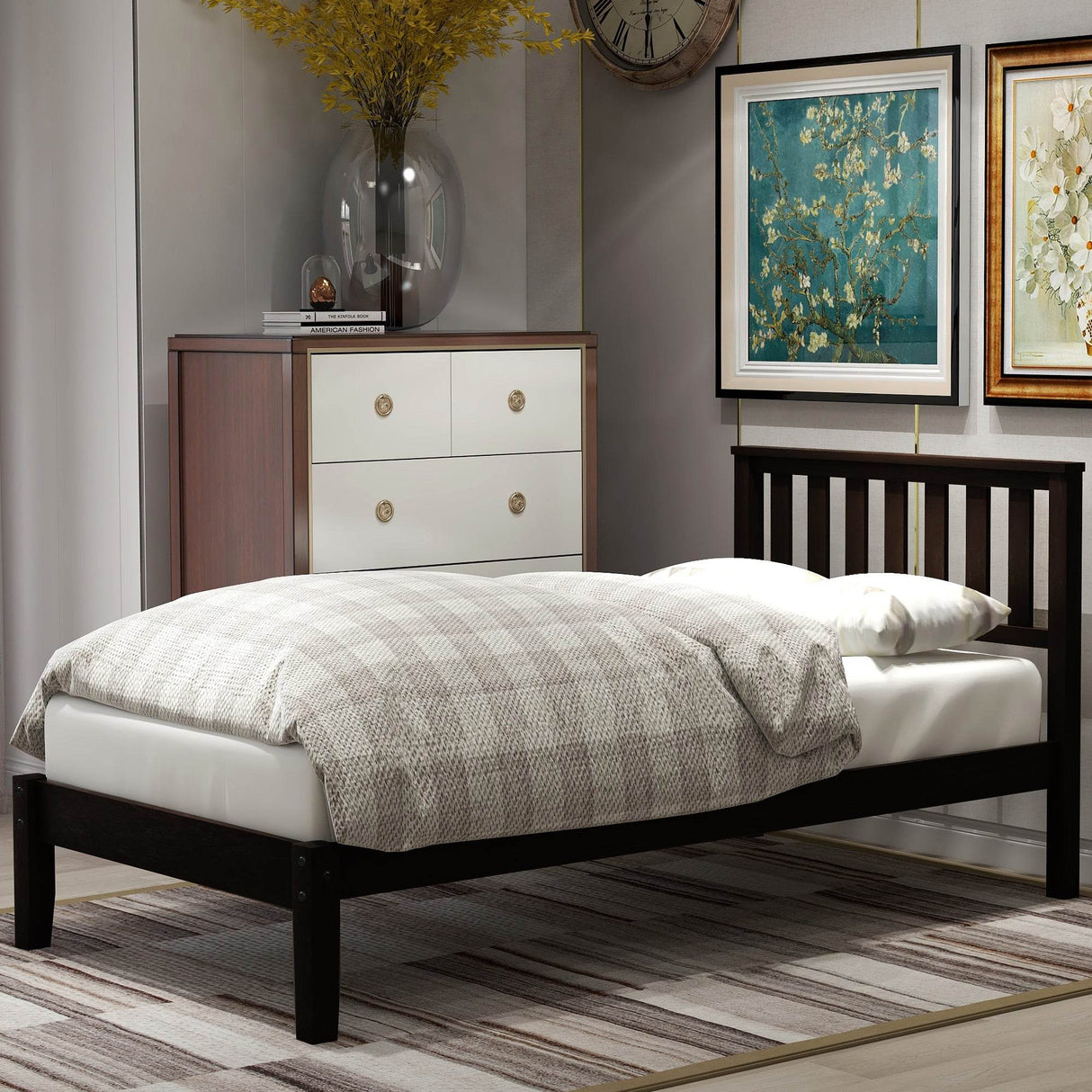 Twin Espresso Solid Wood Platform Bed With Headboard - Omega Lifestyles
