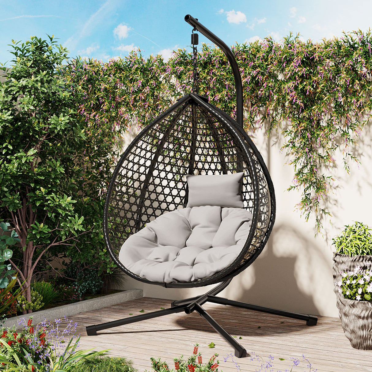Foldable HDPE Rattan Hanging Egg Chair With Cushion