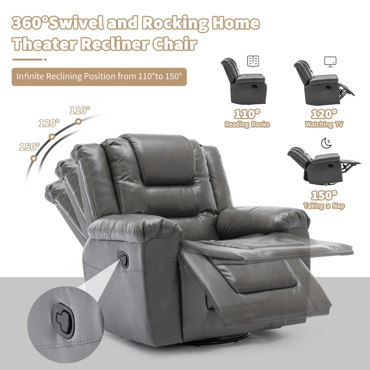 Grey Manual PU Upholstered Home Theater Recliner Chair Set - Omega Lifestyles