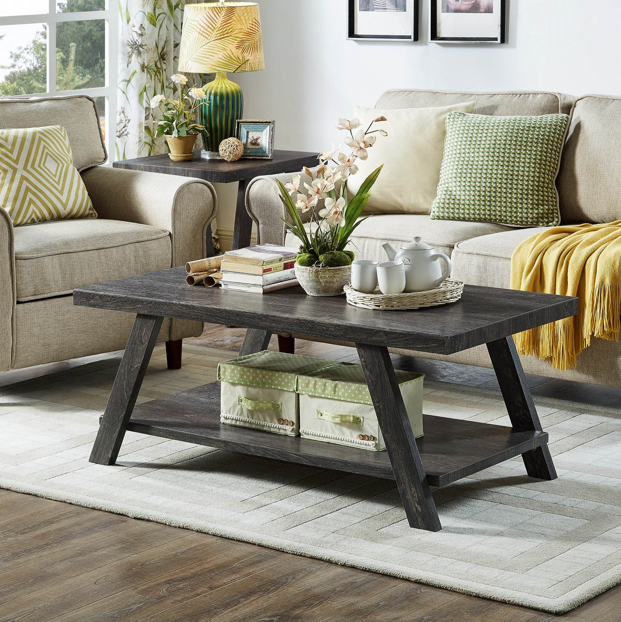 Contemporary Wood Shelf Coffee Table Set Charcoal Finish - Sleep Galleria