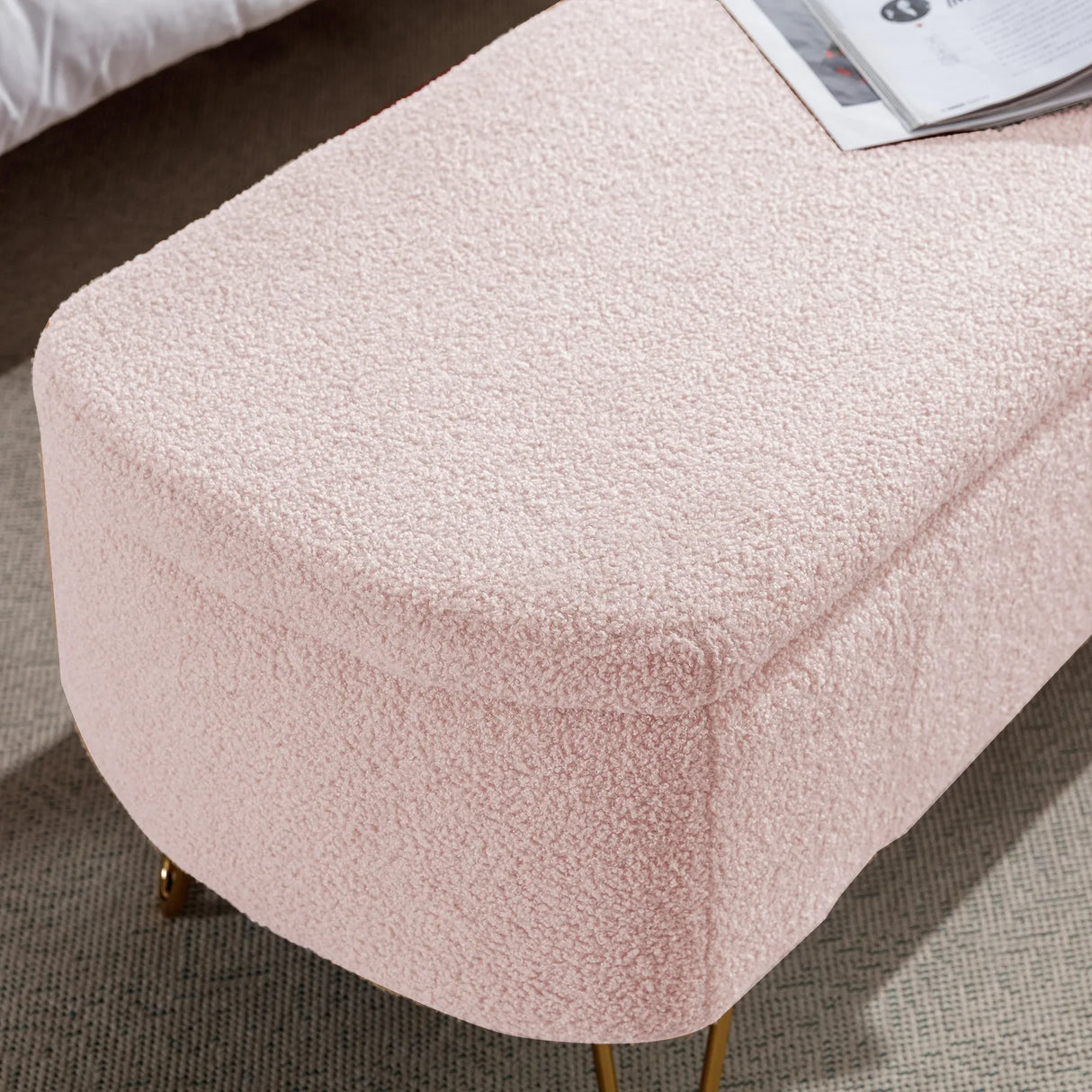 Pink Faux Fur Upholstered Storage Bench With Gold Legs - Omega Lifestyles