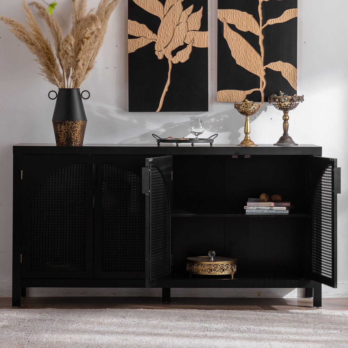 Modern Black MDF Rattan Storage Sideboard Cabinet - Omega Lifestyles