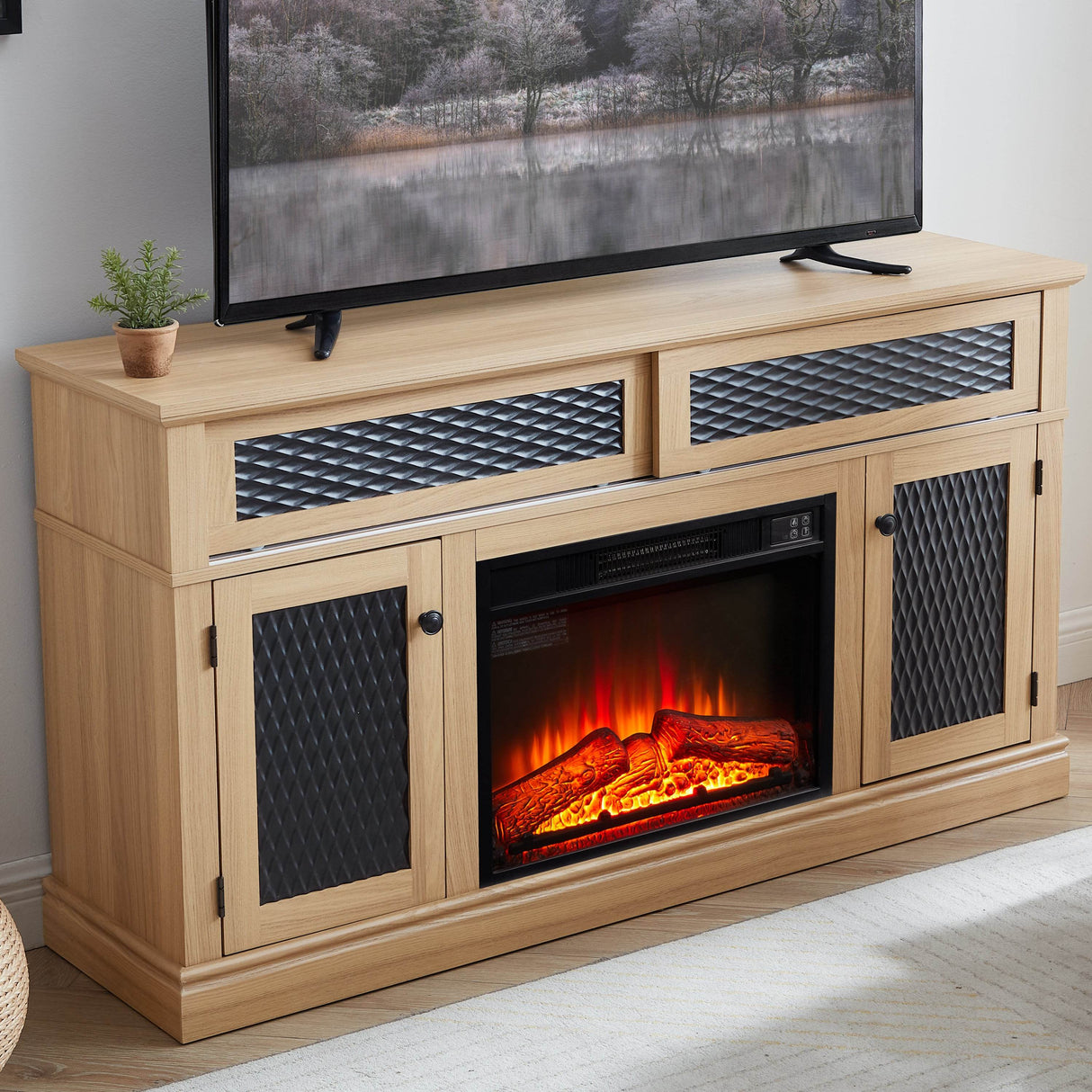 Embossed Light Oak Fireplace TV Stand Console - Sleep Galleria