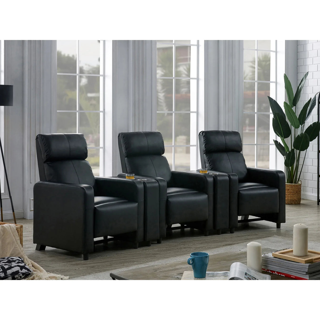 Warren Black Upholstered Three-Seat Home Theater Recliner Set - Omega Lifestyles