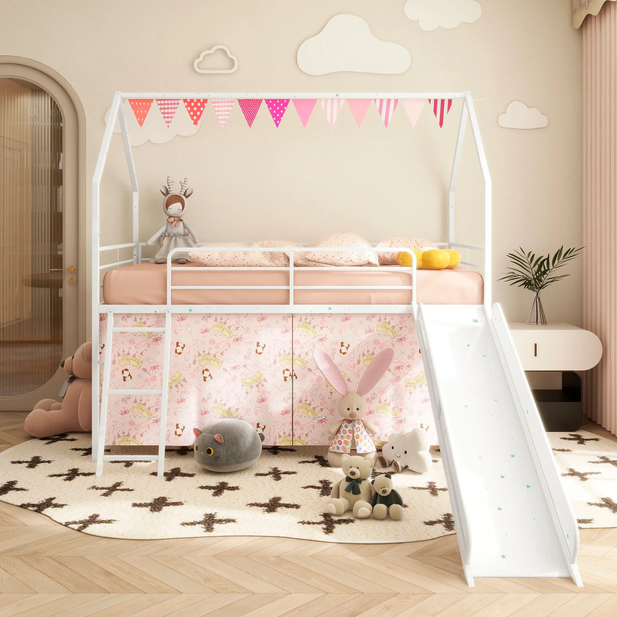 Twin Metal Junior House Bunk Bed With Slide and Curtain - Omega Lifestyles