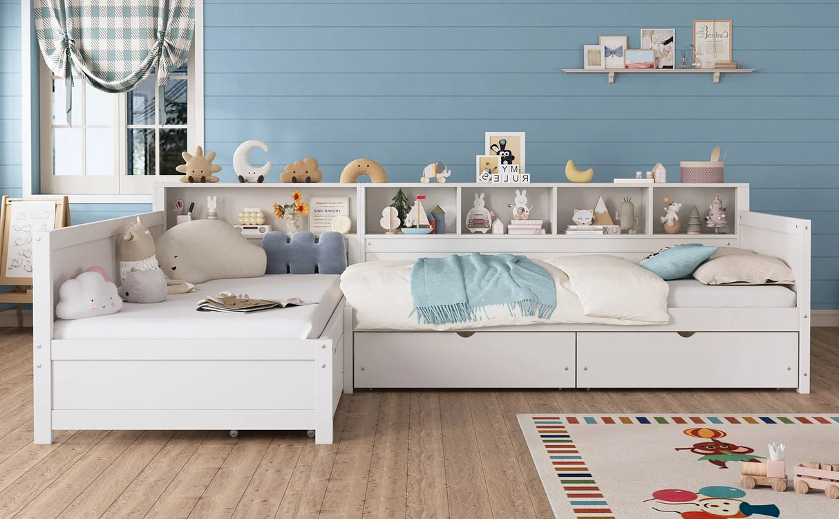 Twin Wood L-Shape Daybed With Storage Drawers - Omega Lifestyles