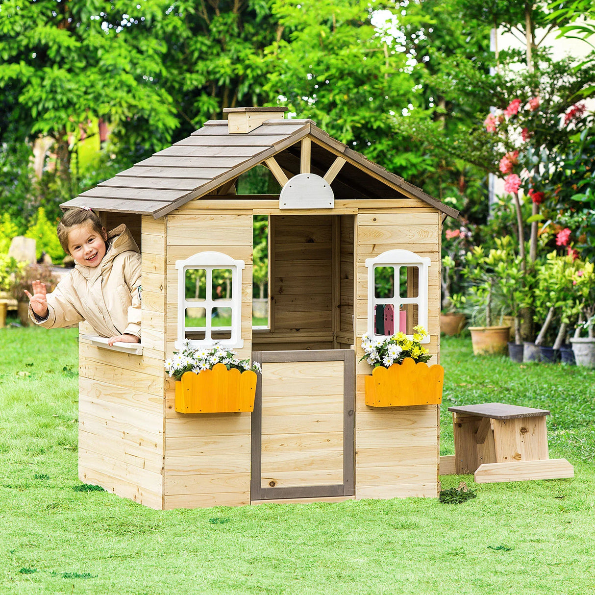 Kids Wooden Outdoor Playhouse With Door Bench Service Station - Omega Lifestyles