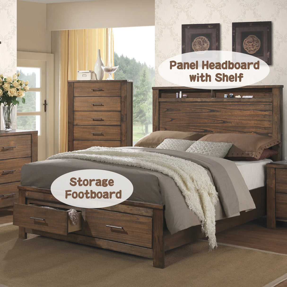 Oak Finish Panel Storage Bed Frame Queen - Omega Lifestyles