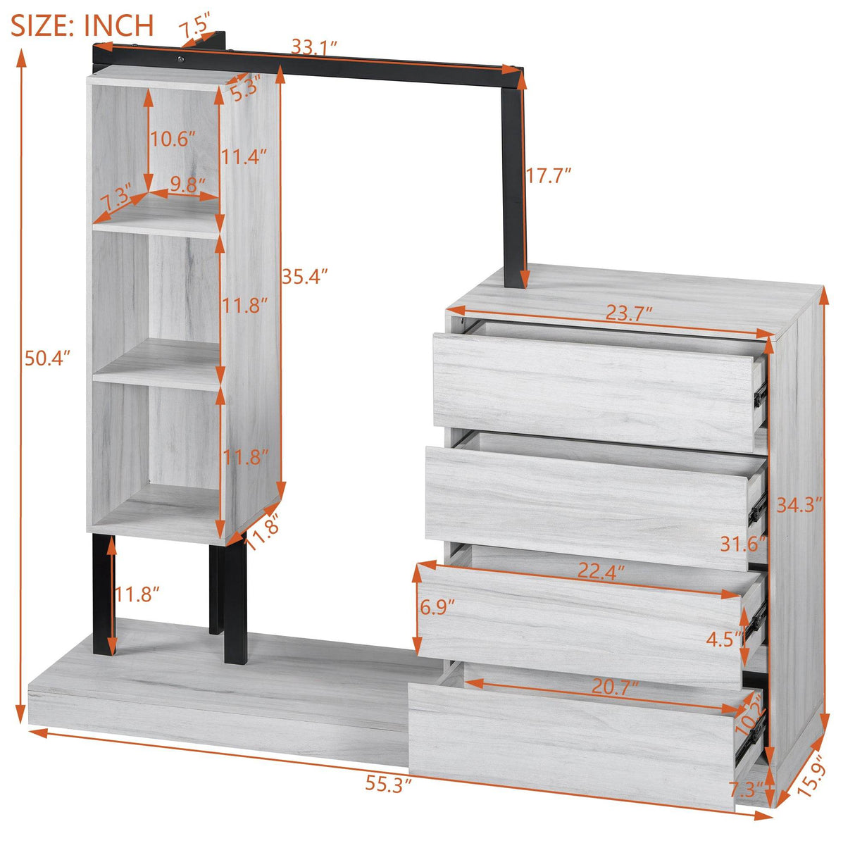 Wardrobe With Four Drawers Three Shelves MDF Metal - Omega Lifestyles