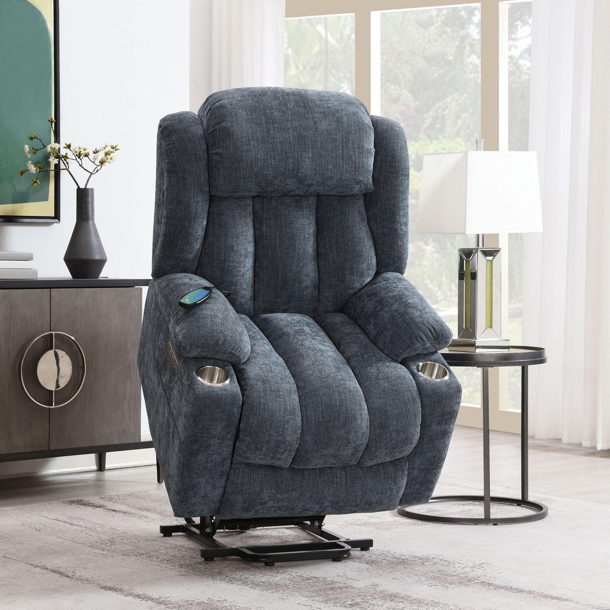 Blue Chenille Power Lift Recliner With Heating Massage - Omega Lifestyles