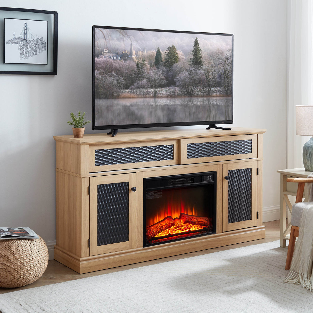 Embossed Light Oak Fireplace TV Stand Console - Sleep Galleria