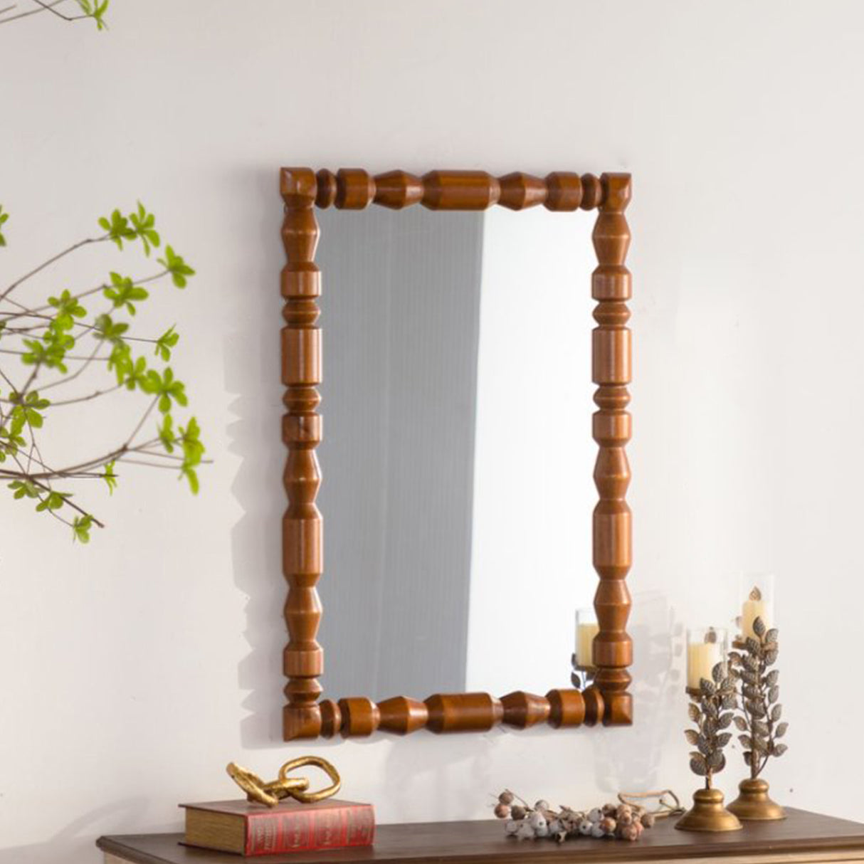 Vintage Solid Wood Carved Round Wall Mirror