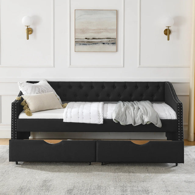 Twin Upholstered Tufted Linen Daybed With Drawers - Omega Lifestyles