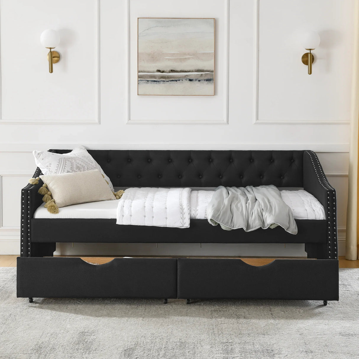 Twin Upholstered Tufted Linen Daybed With Drawers - Omega Lifestyles