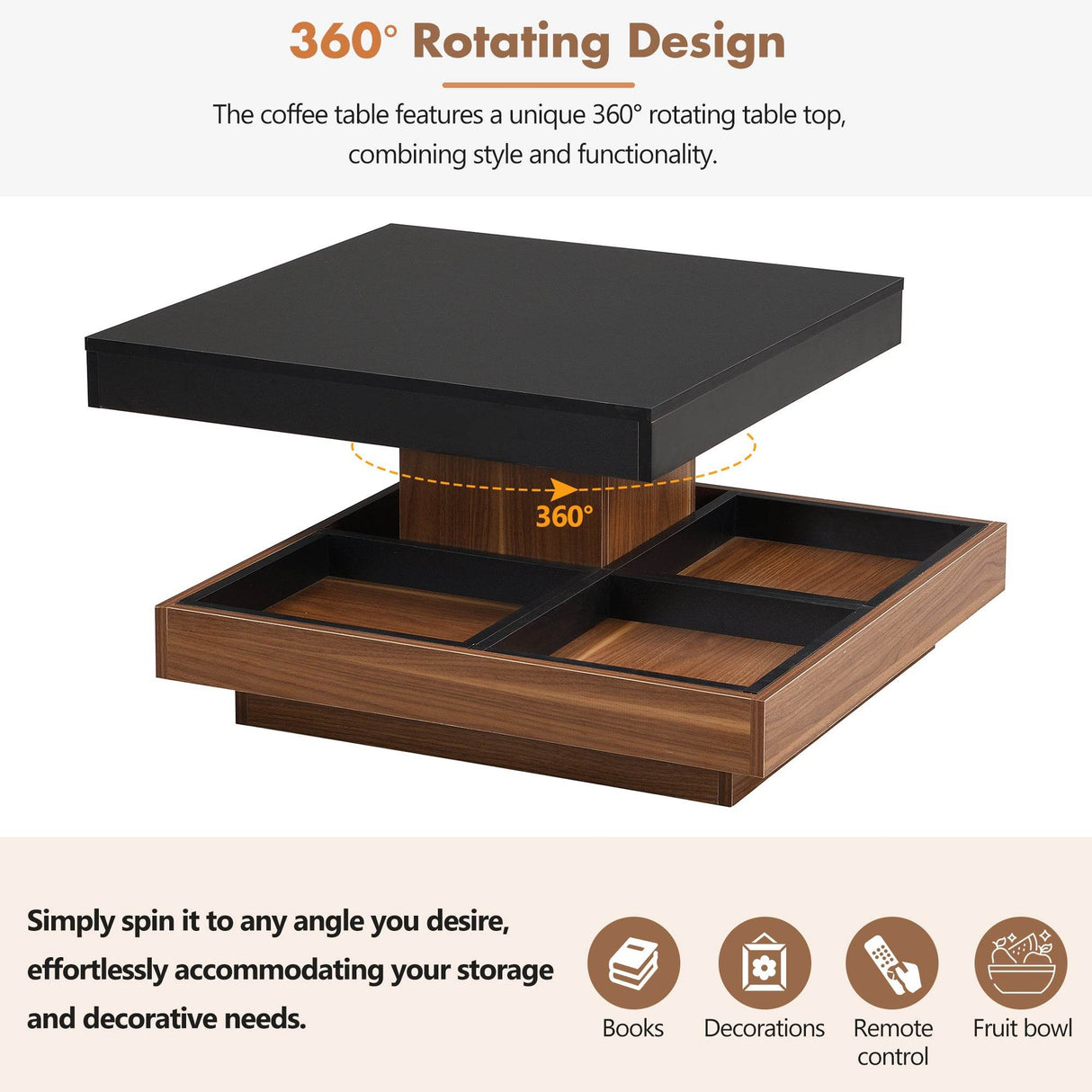Modern Square 360° Rotating Black Walnut Coffee Table - Sleep Galleria